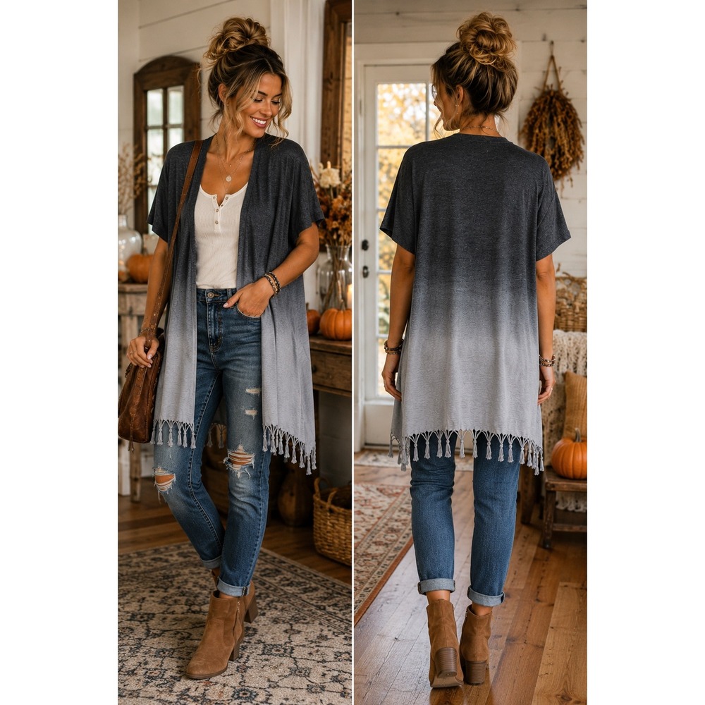 RuffHewn 2X Ombre Fringe Cardigan Kimono Gray Boho Open Front Plus Size
